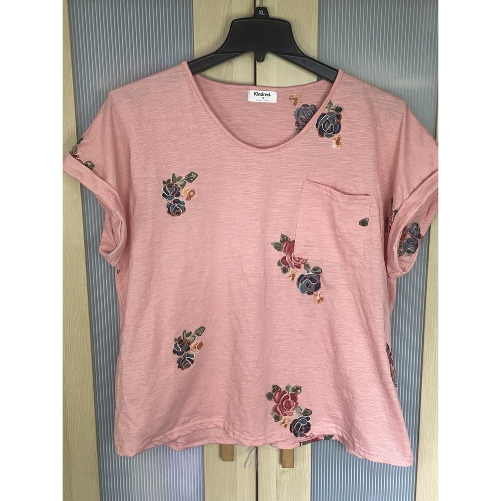 Anthropologie KINDRED Pink Embroidered Top Blouse XL Boho Festival Cottage Shirt